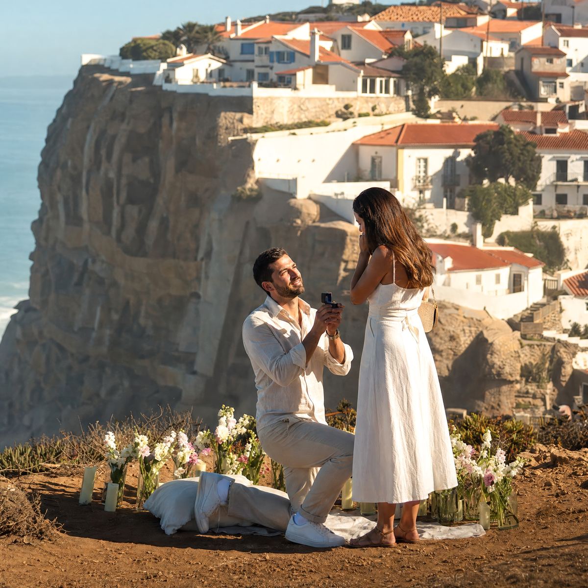 Pedido de casamento em Azenhas do Mar: ele de joelhos com a aliança, ela de vestido branco, a aldeia sobre a falésia e o mar atrás.